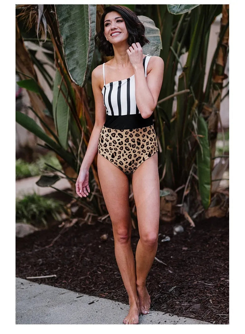 Women's leopard print one-piece swimsuit with asymmetric collar and high-waist triangle design