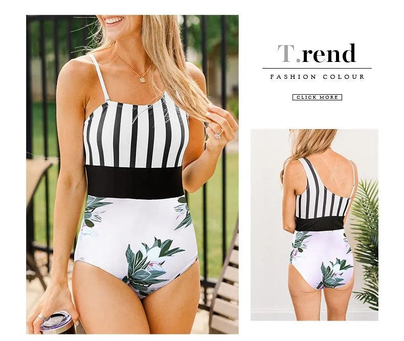 Women's leopard print one-piece swimsuit with asymmetric collar and high-waist triangle design