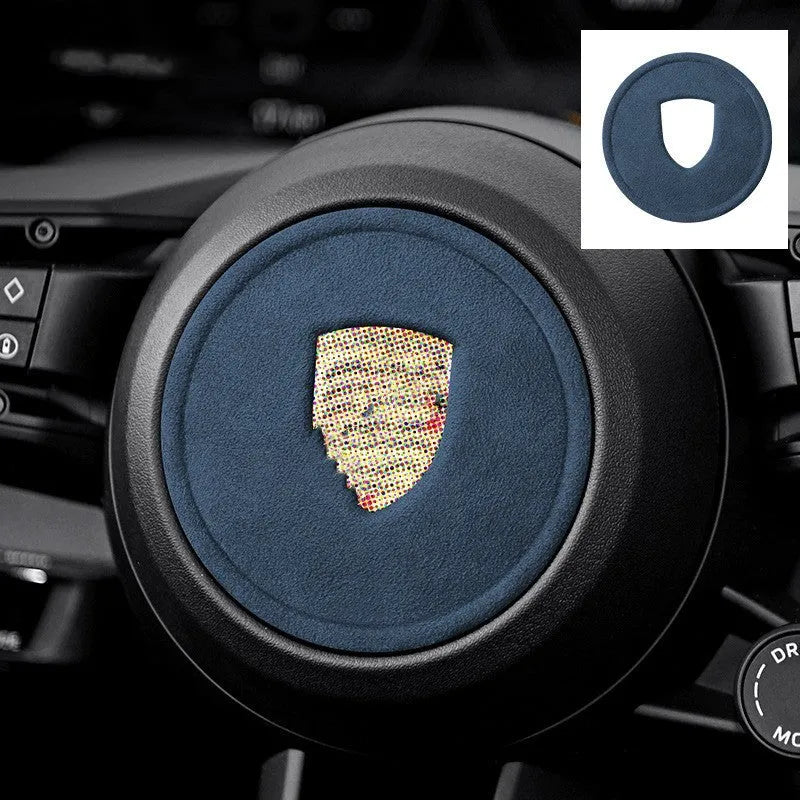 Porsche steering wheel sticker cover in imported suede, multiple colour options including sapphire blue and carbon black