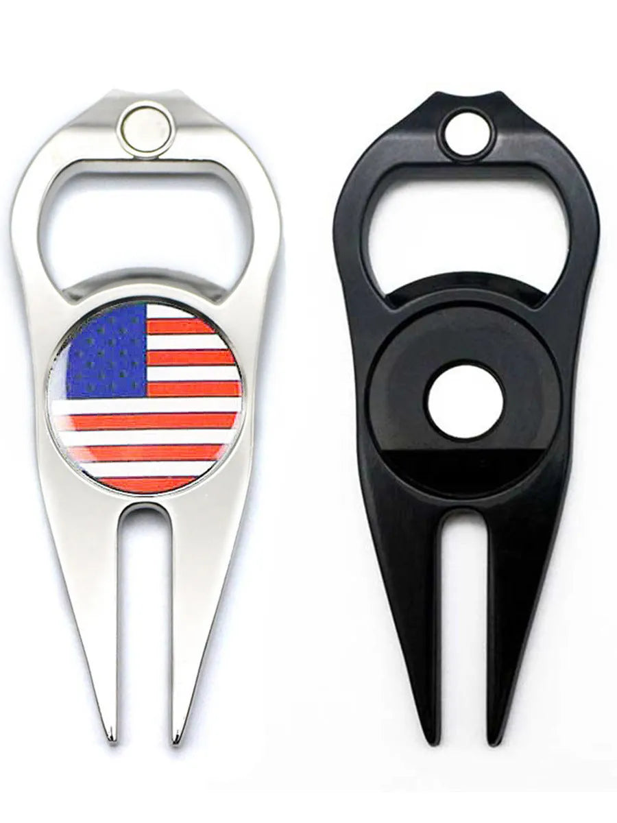 Zinc alloy golf ball yoke bottle opener tool in black, green or silver colours with 88mm length