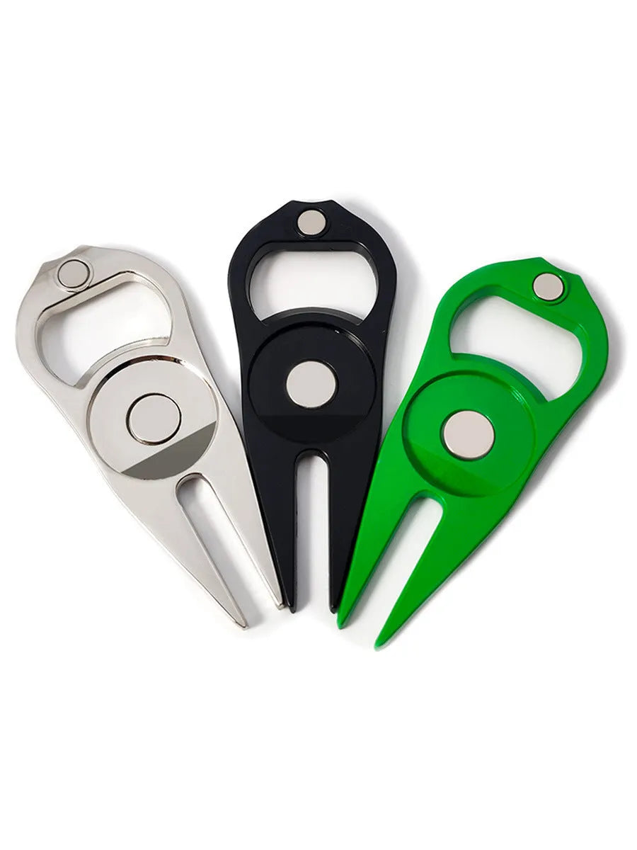 Zinc alloy golf ball yoke bottle opener tool in black, green or silver colours with 88mm length