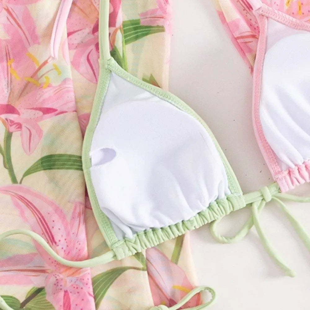 Women's printed bikini swimsuit top and bottom set on a neutral background.