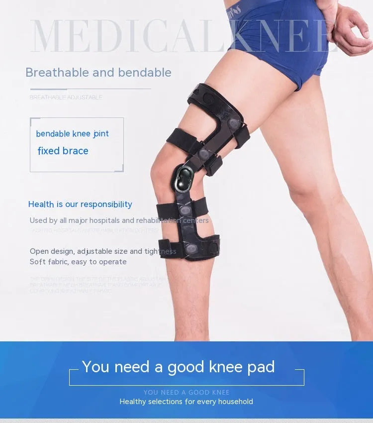 Black anterior ligament knee supporter with adjustable straps and hinge joints shown in size M-R format