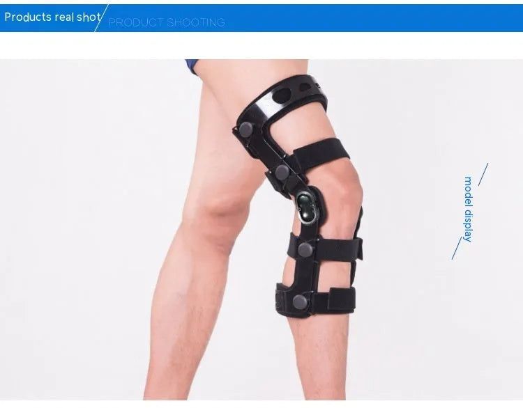 Black anterior ligament knee supporter with adjustable straps and hinge joints shown in size M-R format