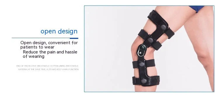 Black anterior ligament knee supporter with adjustable straps and hinge joints shown in size M-R format