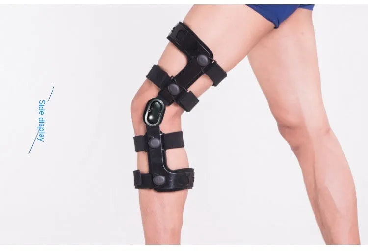 Black anterior ligament knee supporter with adjustable straps and hinge joints shown in size M-R format