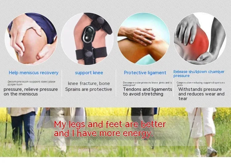 Black anterior ligament knee supporter with adjustable straps and hinge joints shown in size M-R format