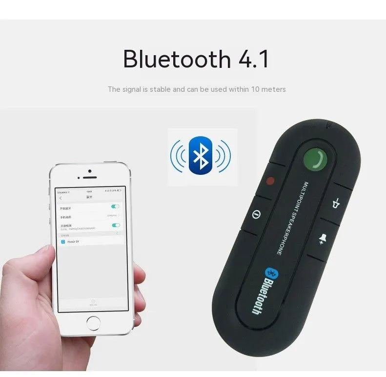 Black vehicle-mounted Bluetooth handsfree device clipped to a car sun visor with power cable.