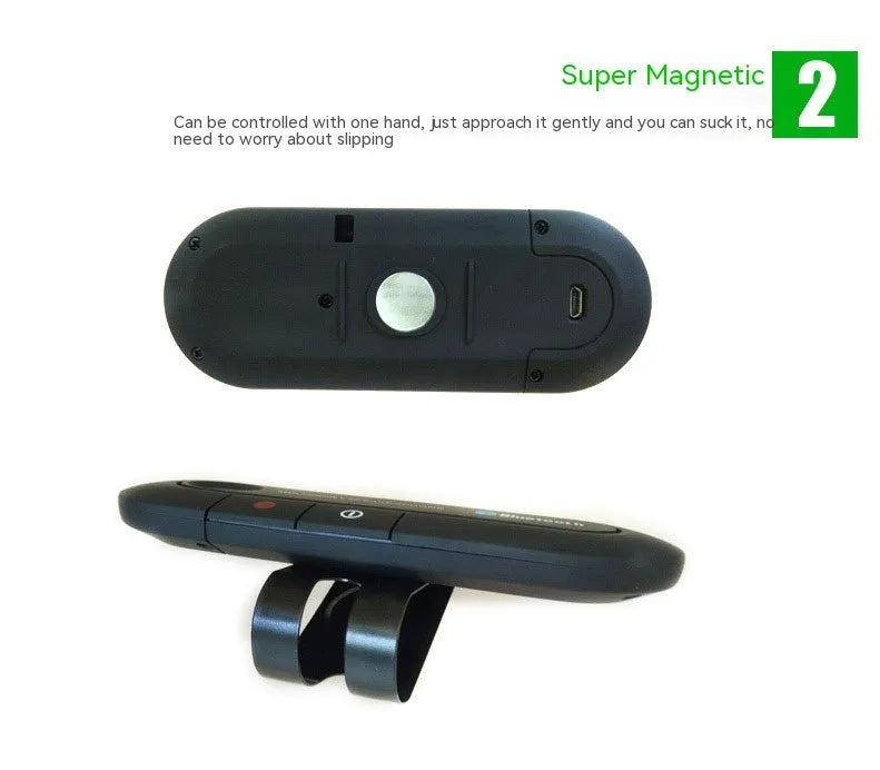 Black vehicle-mounted Bluetooth handsfree device clipped to a car sun visor with power cable.