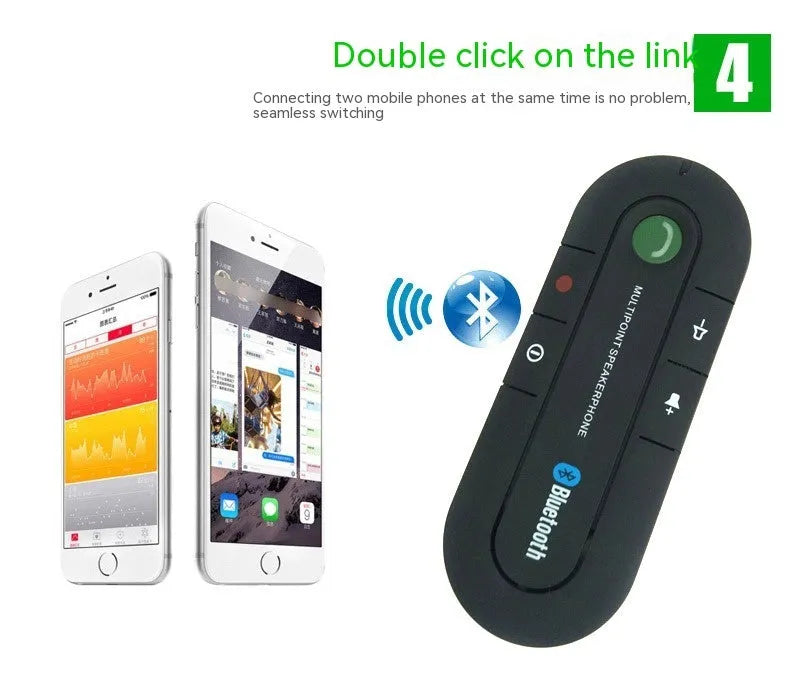 Black vehicle-mounted Bluetooth handsfree device clipped to a car sun visor with power cable.
