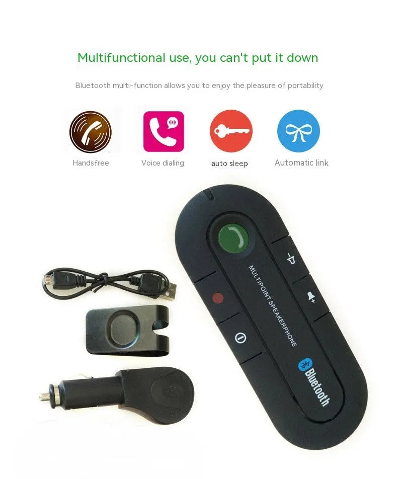 Black vehicle-mounted Bluetooth handsfree device clipped to a car sun visor with power cable.