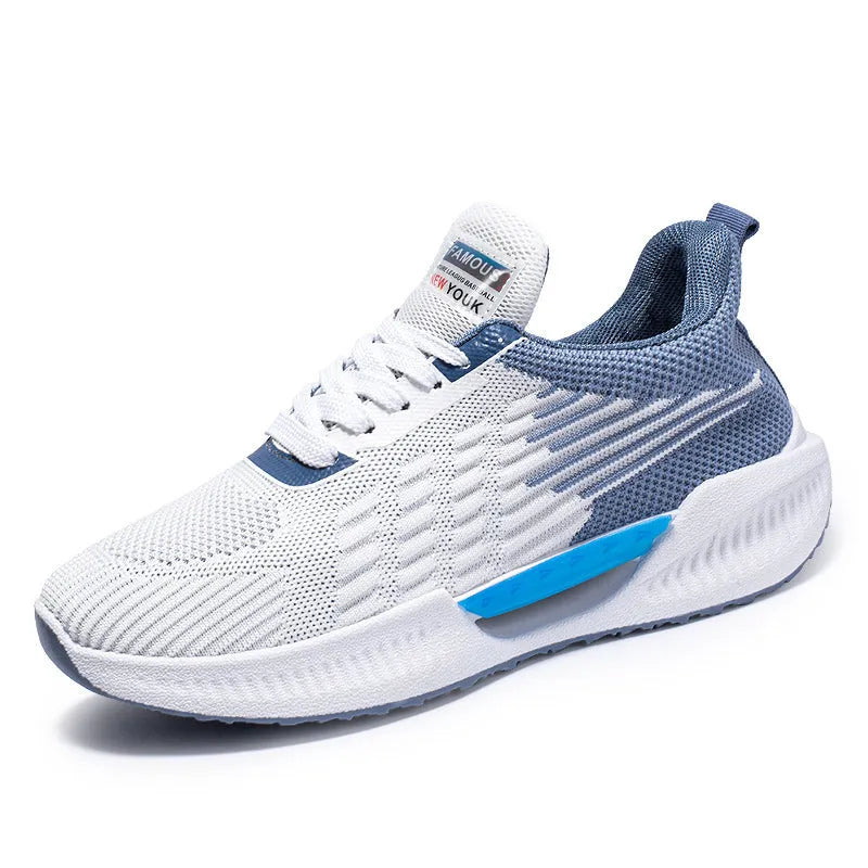 Blue men's casual mesh sports shoes with a round toe and plastic sole, shown on a white background.