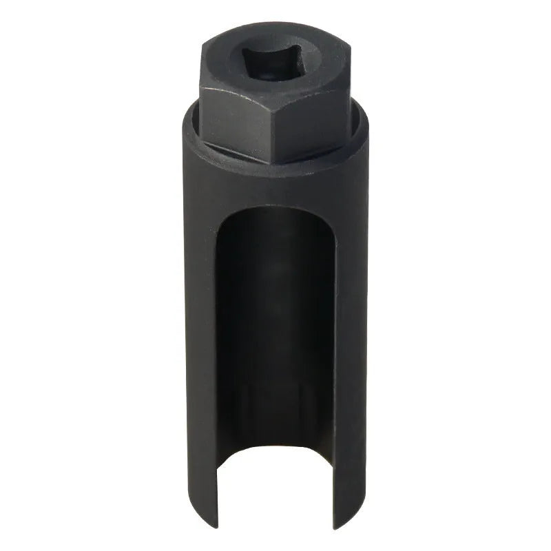 Black chromium vanadium steel oxygen sensor sleeve with 22mm thread for Japanese automotive applications.
