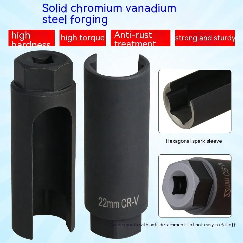Black chromium vanadium steel oxygen sensor sleeve with 22mm thread for Japanese automotive applications.