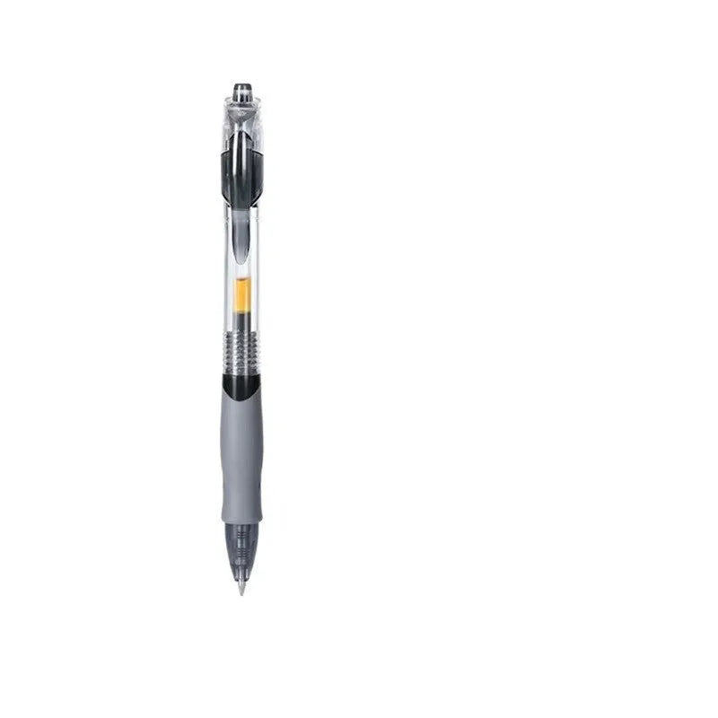 A plastic gel pen with a 0.5mm fine point, shown in black, red, and blue colour options.