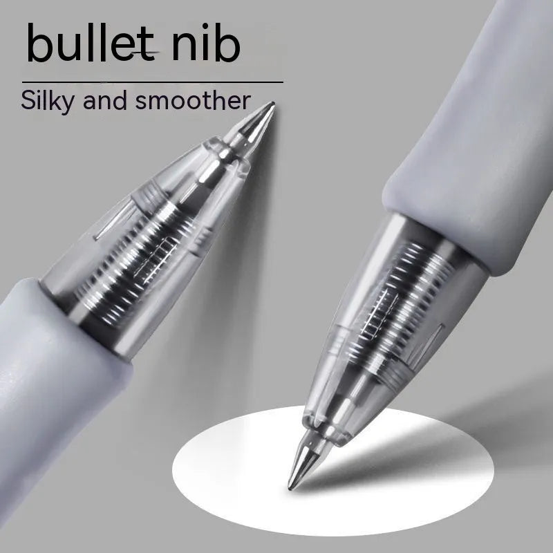 A plastic gel pen with a 0.5mm fine point, shown in black, red, and blue colour options.