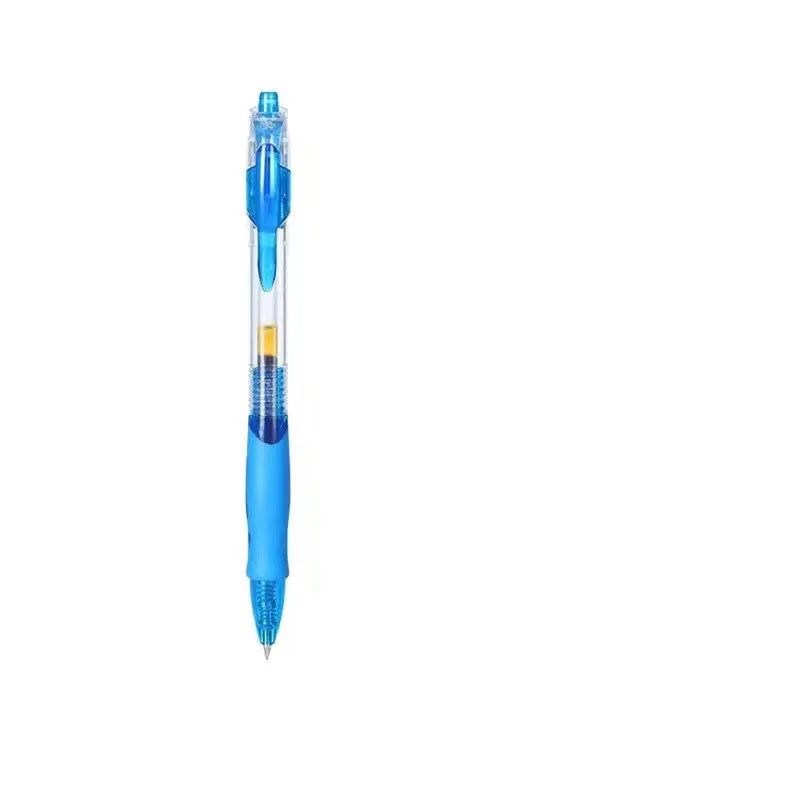 A plastic gel pen with a 0.5mm fine point, shown in black, red, and blue colour options.