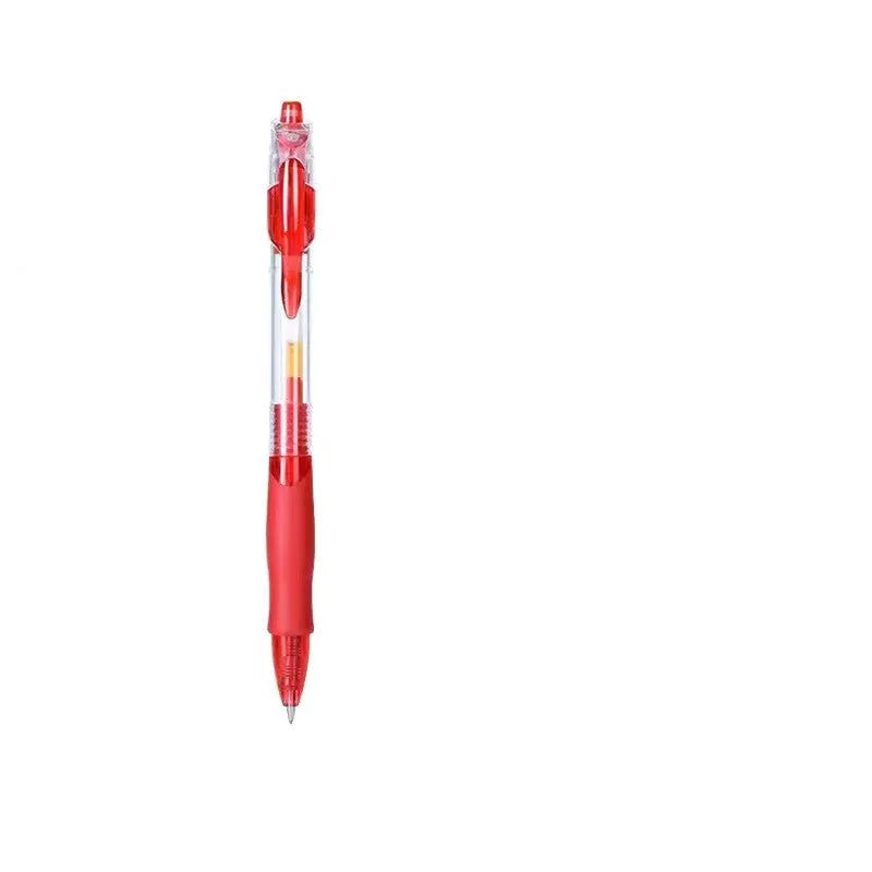 A plastic gel pen with a 0.5mm fine point, shown in black, red, and blue colour options.