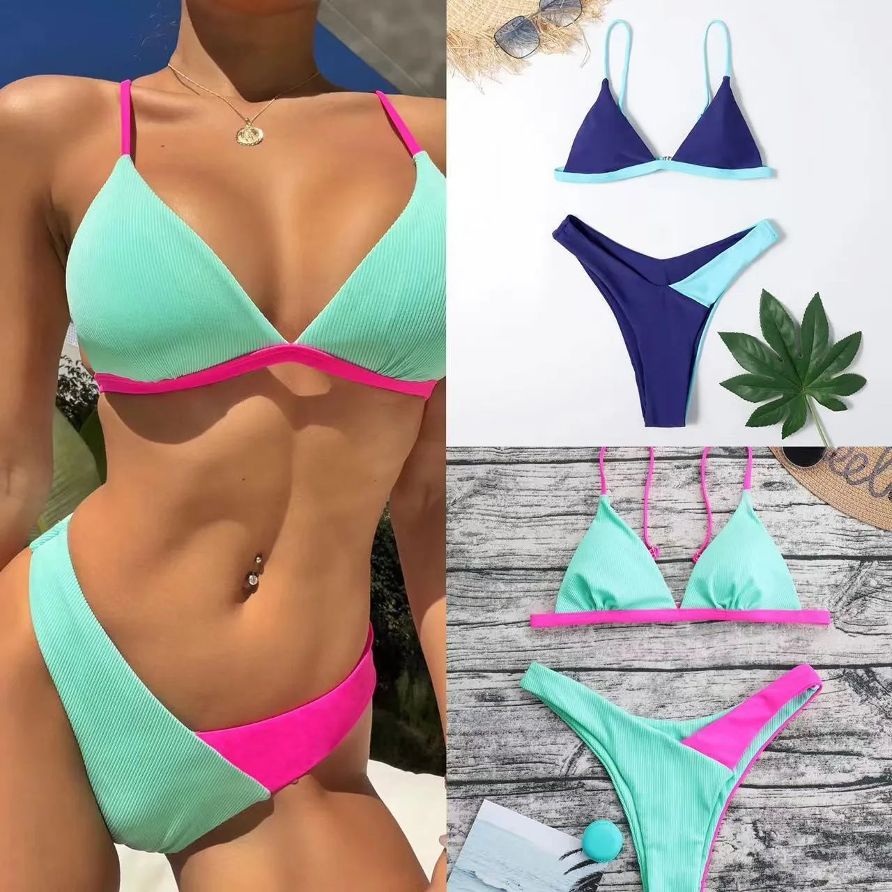 Women's patterned nylon bikini set showing bra and briefs in European and American style
