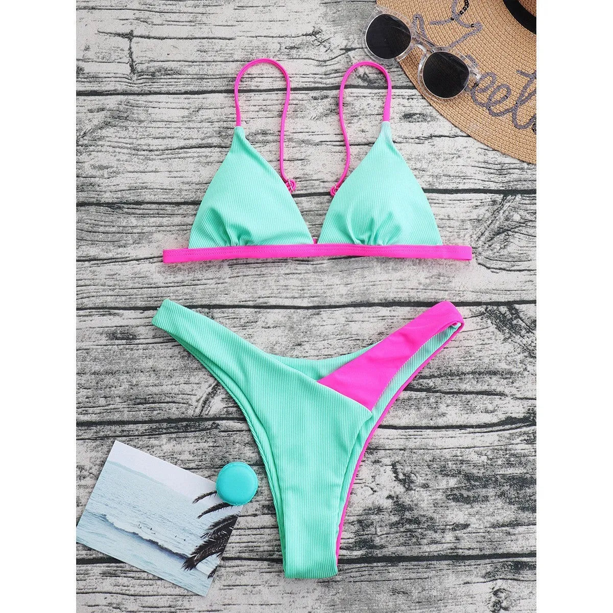 Women's patterned nylon bikini set showing bra and briefs in European and American style