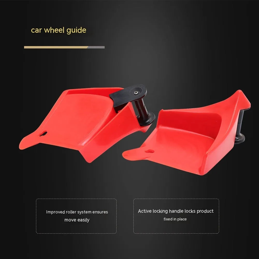 Four red plastic triangular parking blocks for car tyre stopping and vehicle positioning