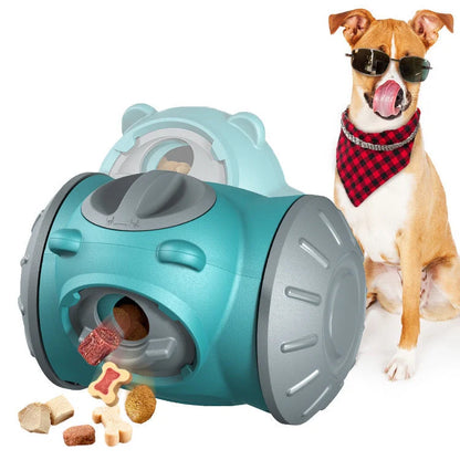 Interactive dog tumbler toy in red, green, and pink for IQ enhancement and slow feeding