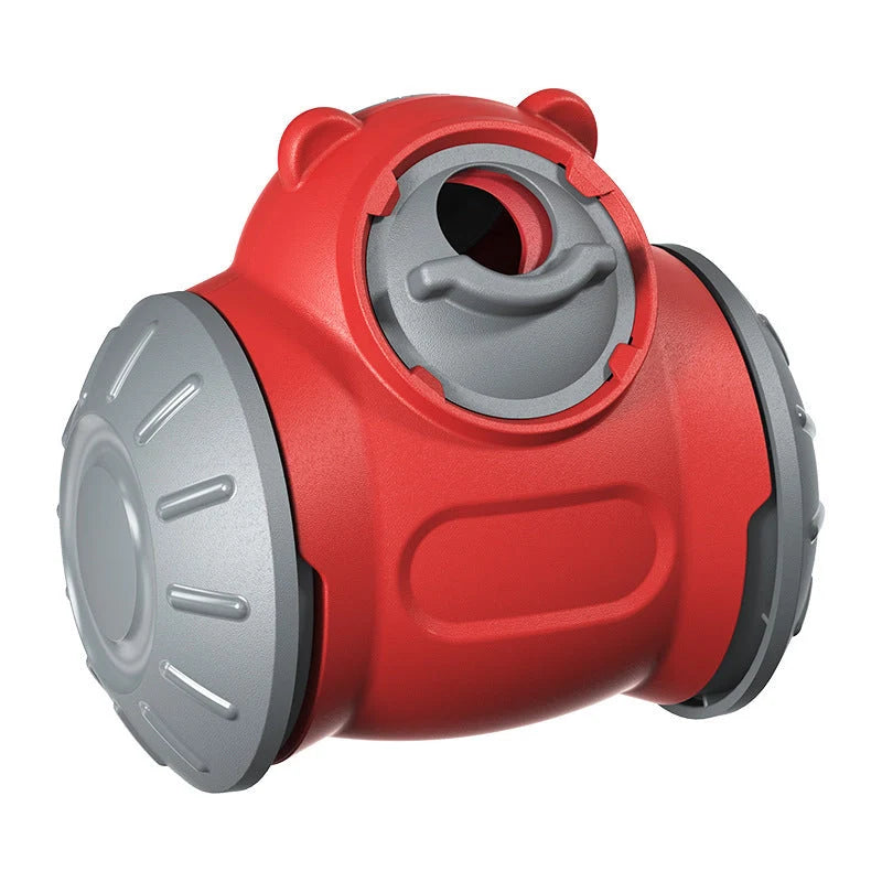 Interactive dog tumbler toy in red, green, and pink for IQ enhancement and slow feeding