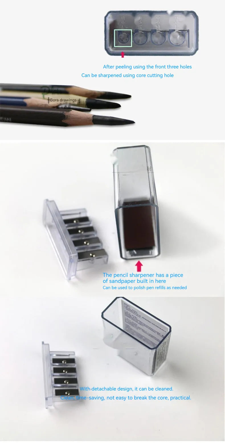 Geometric shaped plastic pencil sharpener with four holes and screwdriver accessory