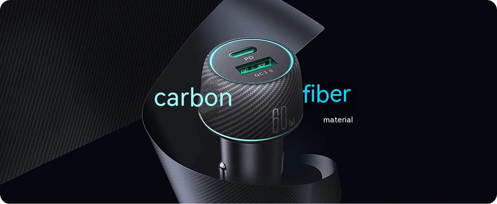60W dual port car charger with button and seven colour ambient light, PC ABS black finish