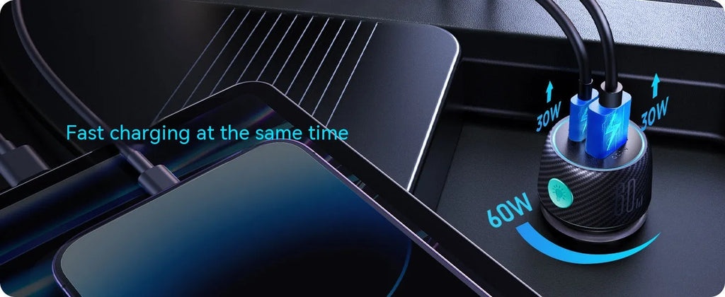 60W dual port car charger with button and seven colour ambient light, PC ABS black finish