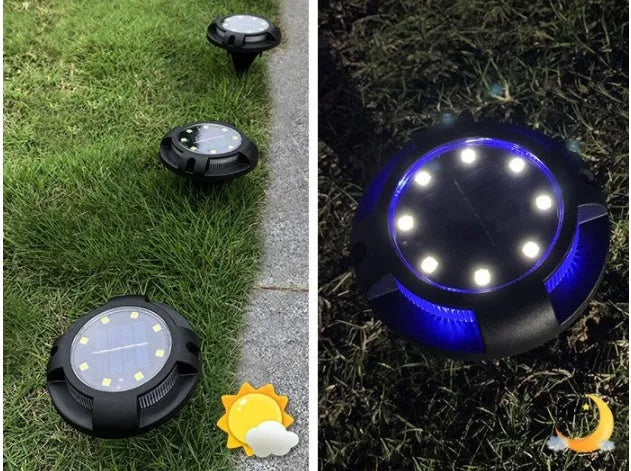 LED solar underground lawn light 11x4x13cm black ABS PP with seven colour changing cold white light on grass at dusk