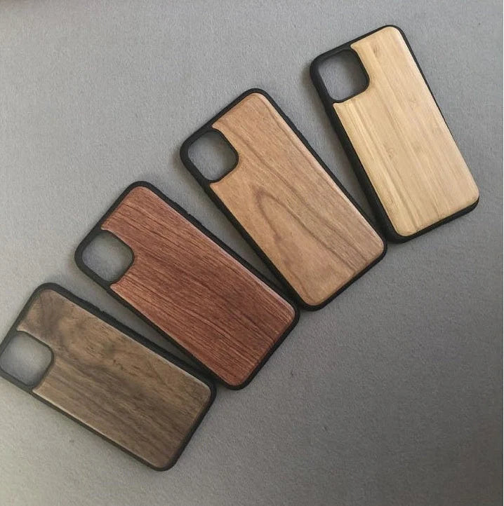Wooden mobile phone case showing natural grain texture with iPhone 15 compatibility
