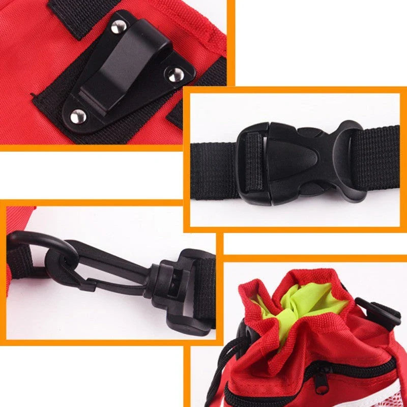 Drawstring pocket dog treat pouch with adjustable belt in red and black