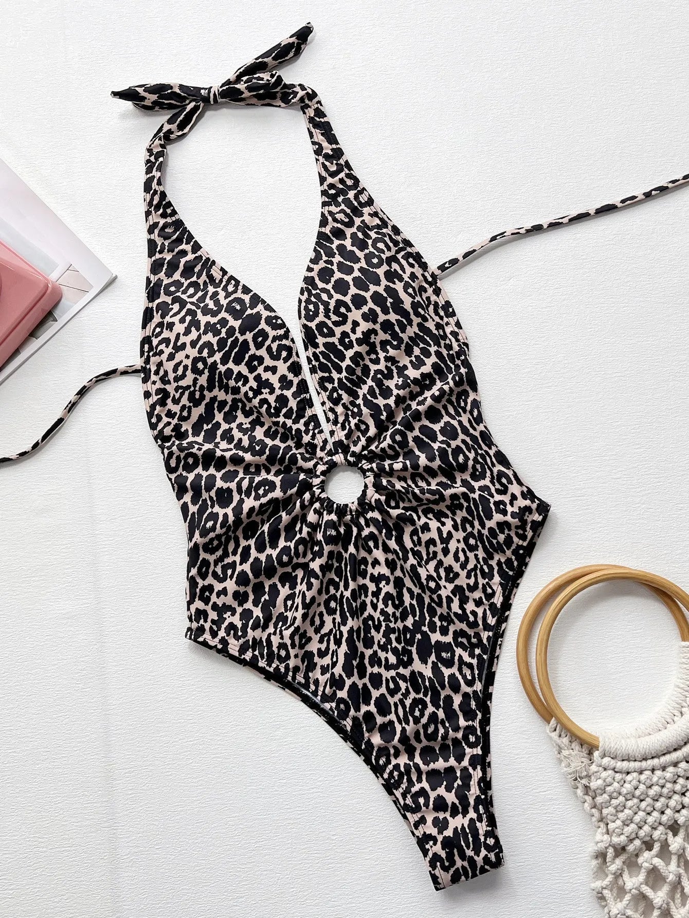 Women's leopard print hollow-out ring one-piece swimsuit in polyester spandex fabric
