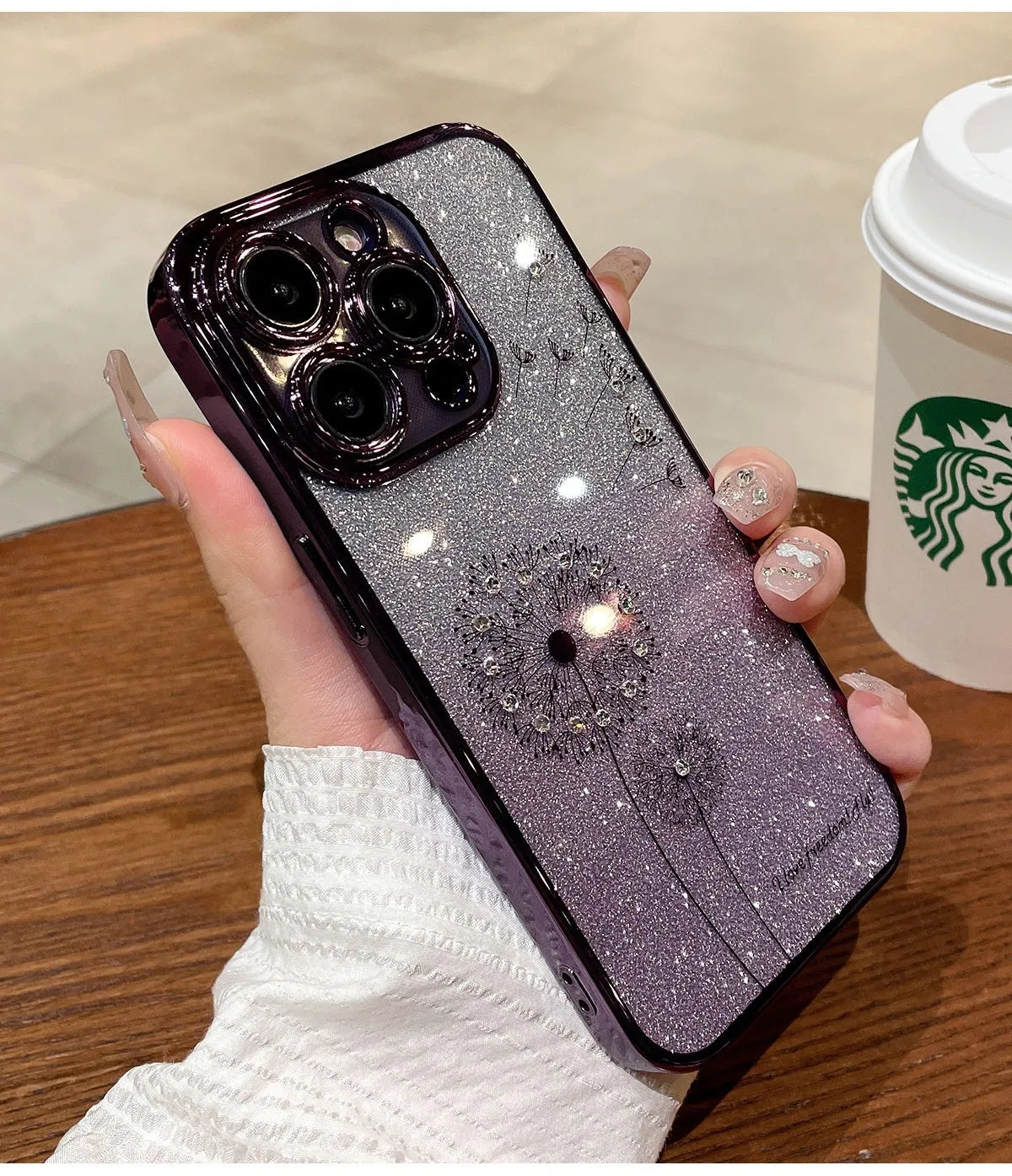 Dandelion gradient glitter silicone phone case for Apple iPhone in purple, drop resistant heat dissipation design