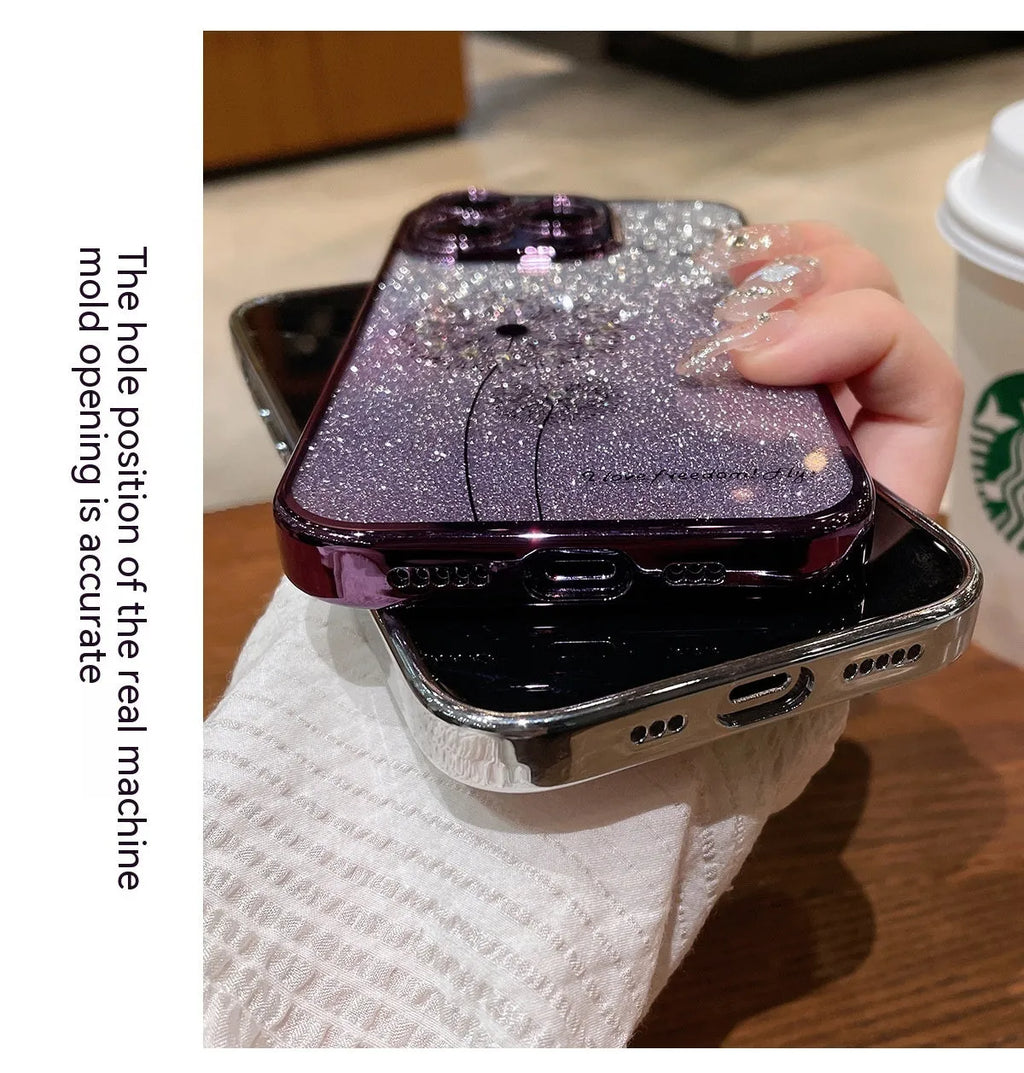 Dandelion gradient glitter silicone phone case for Apple iPhone in purple, drop resistant heat dissipation design