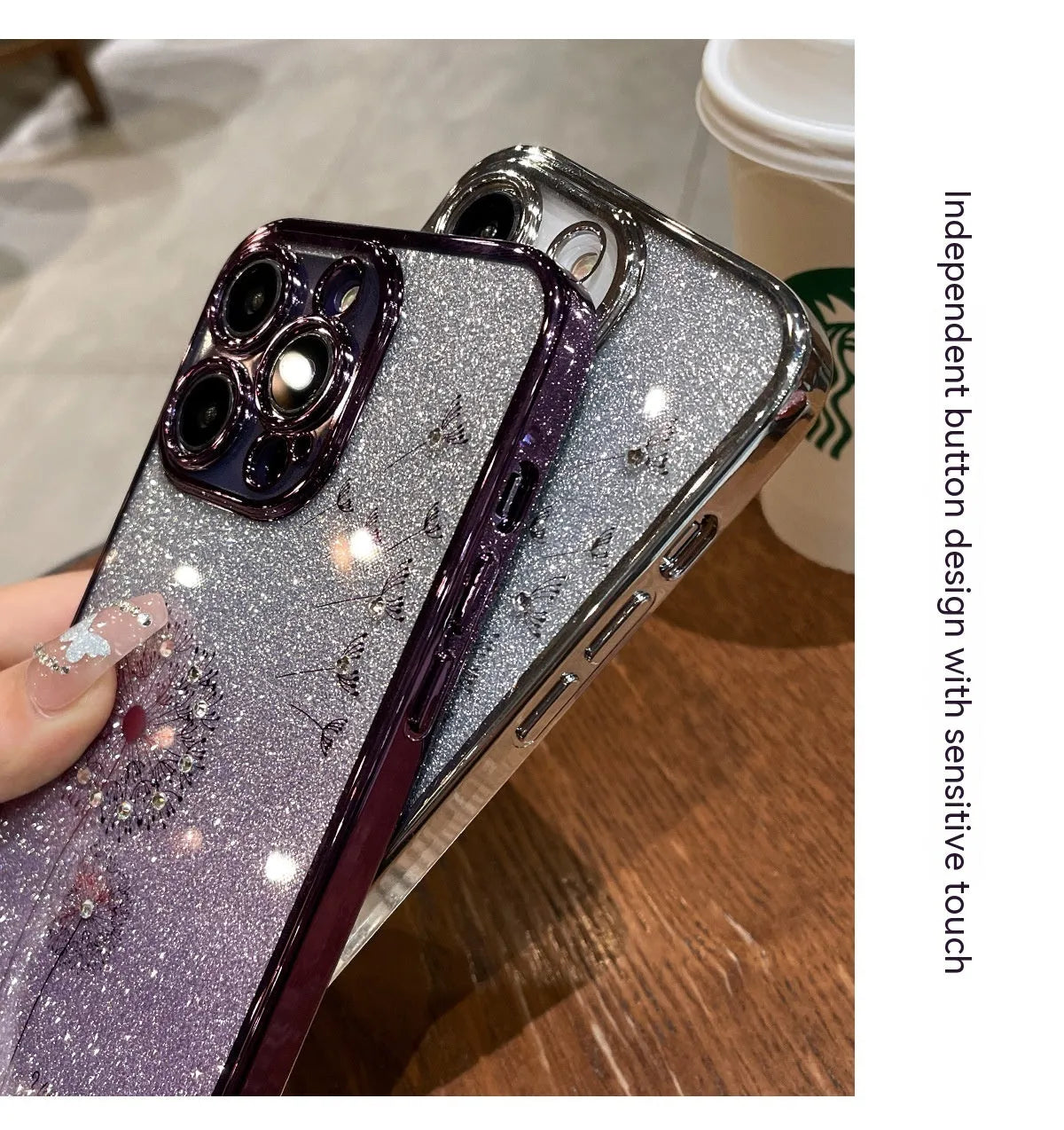 Dandelion gradient glitter silicone phone case for Apple iPhone in purple, drop resistant heat dissipation design