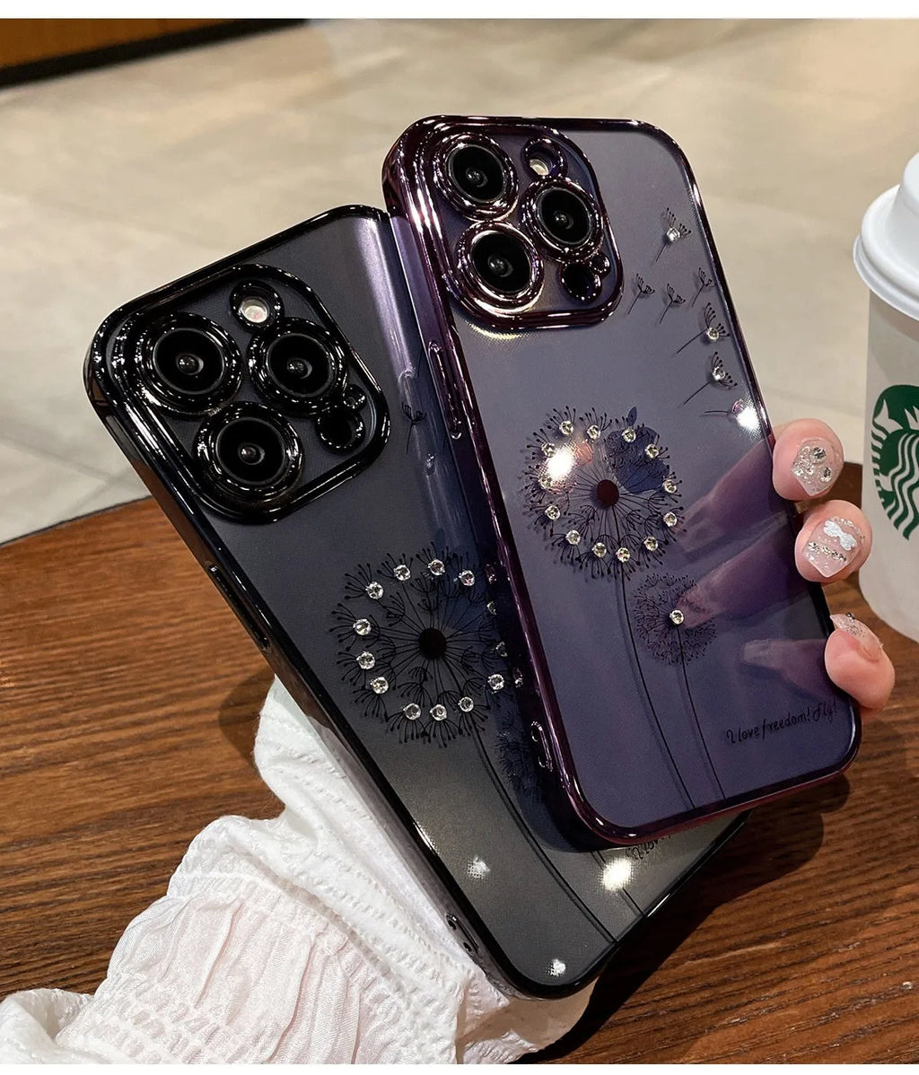 Dandelion gradient glitter silicone phone case for Apple iPhone in purple, drop resistant heat dissipation design