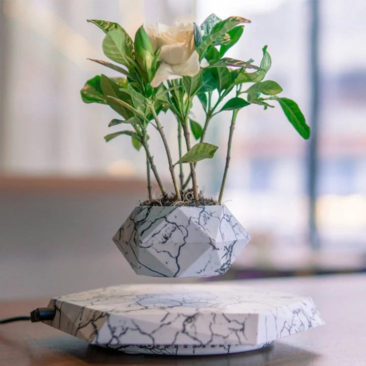 Levitating Plant Pot with marble design floating in air using magnetic technology