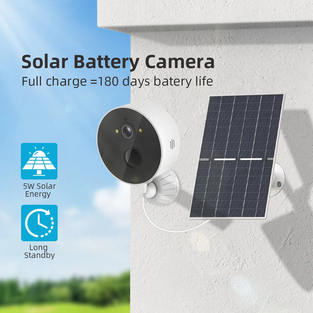 Outdoor security camera with attached solar panel on a wall mount