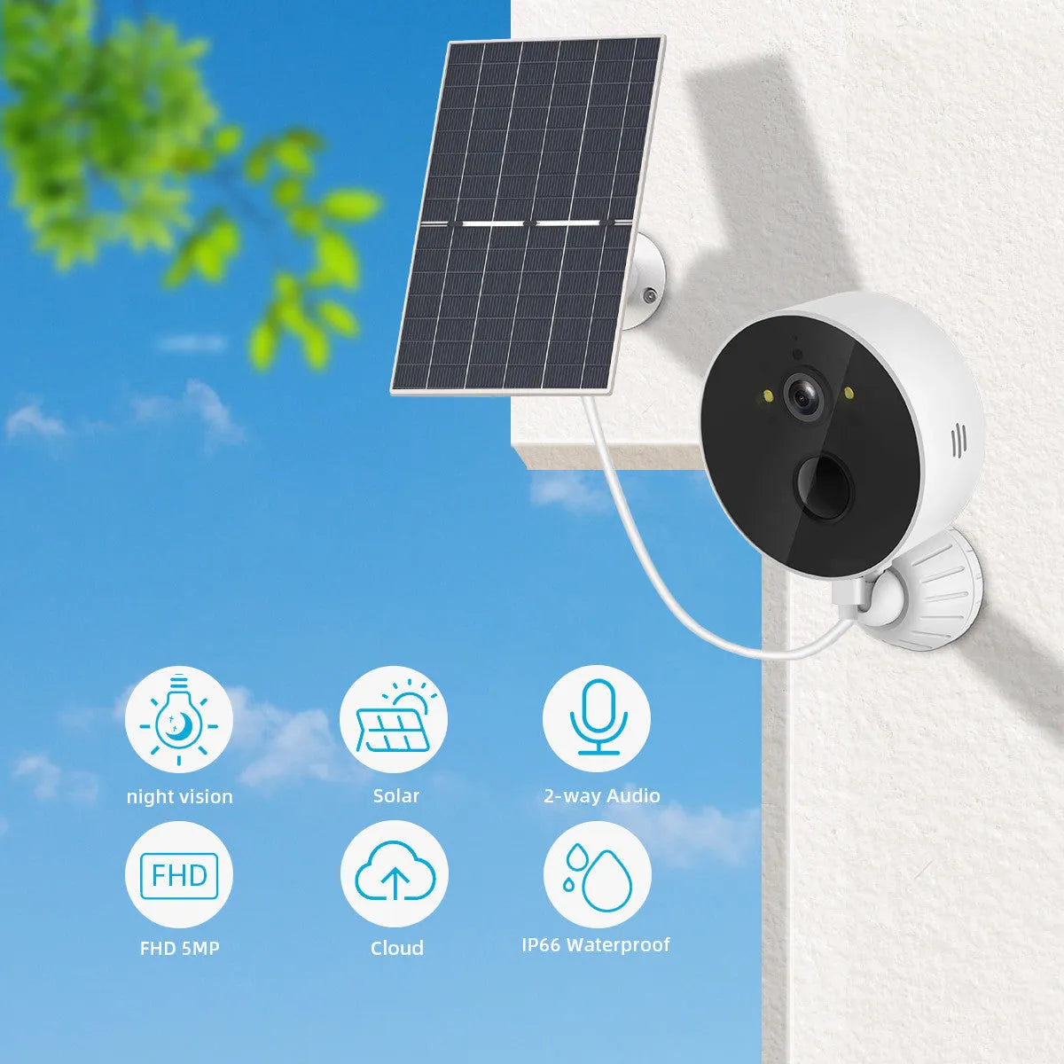 Outdoor security camera with attached solar panel on a wall mount