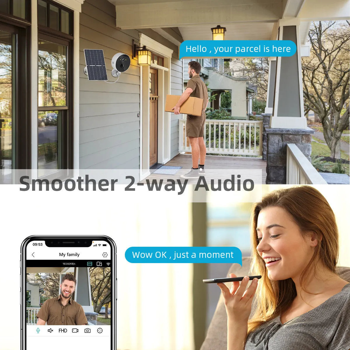 Outdoor security camera with attached solar panel on a wall mount