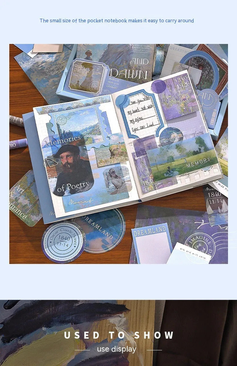 Hand Account Suit creative journal gift box showing A6 grid notebook with bookclothes and paper components including cards, photo frames, and stickers