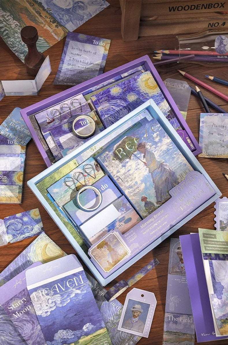 Hand Account Suit creative journal gift box showing A6 grid notebook with bookclothes and paper components including cards, photo frames, and stickers
