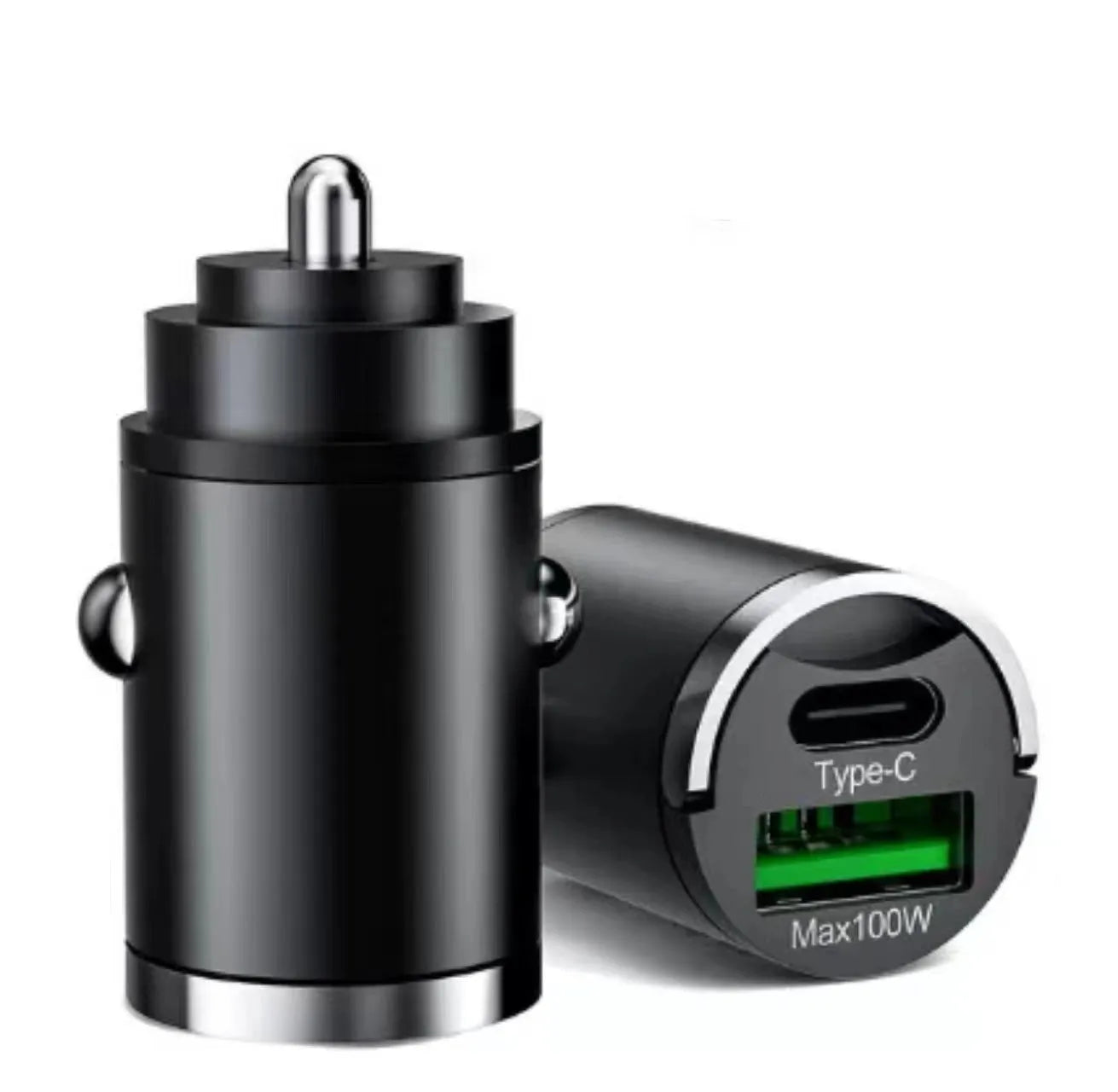 Black metal 100W car charger with invisible pull-tab design and USB output port