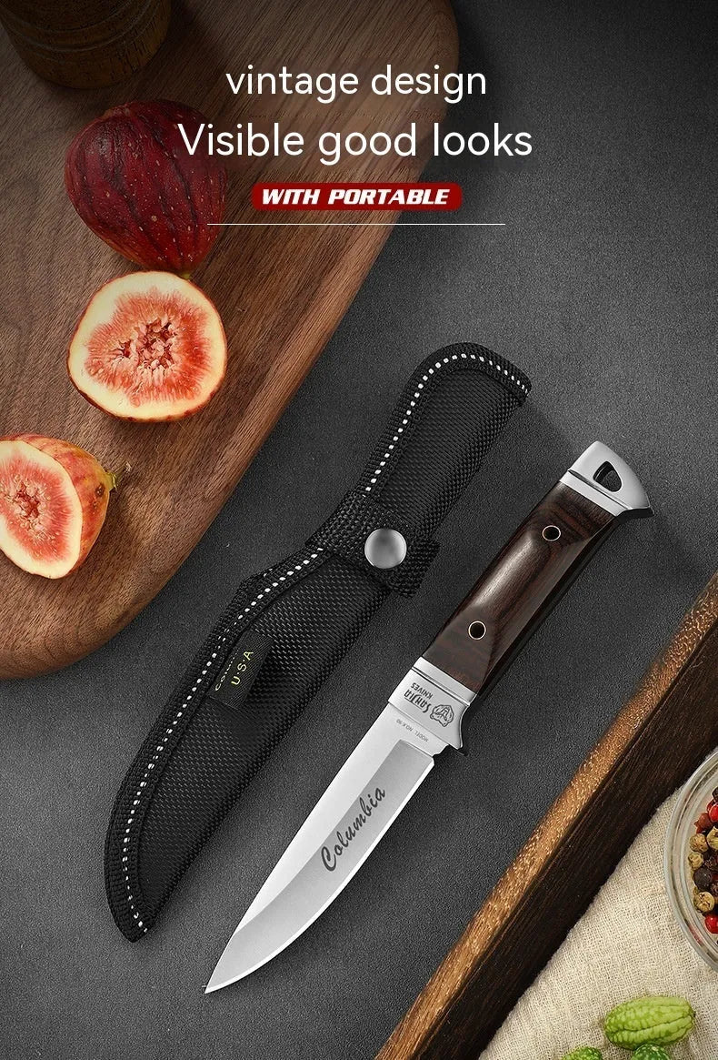 Camping multifunctional portable fruit knife with stainless steel blade and brown leather case.