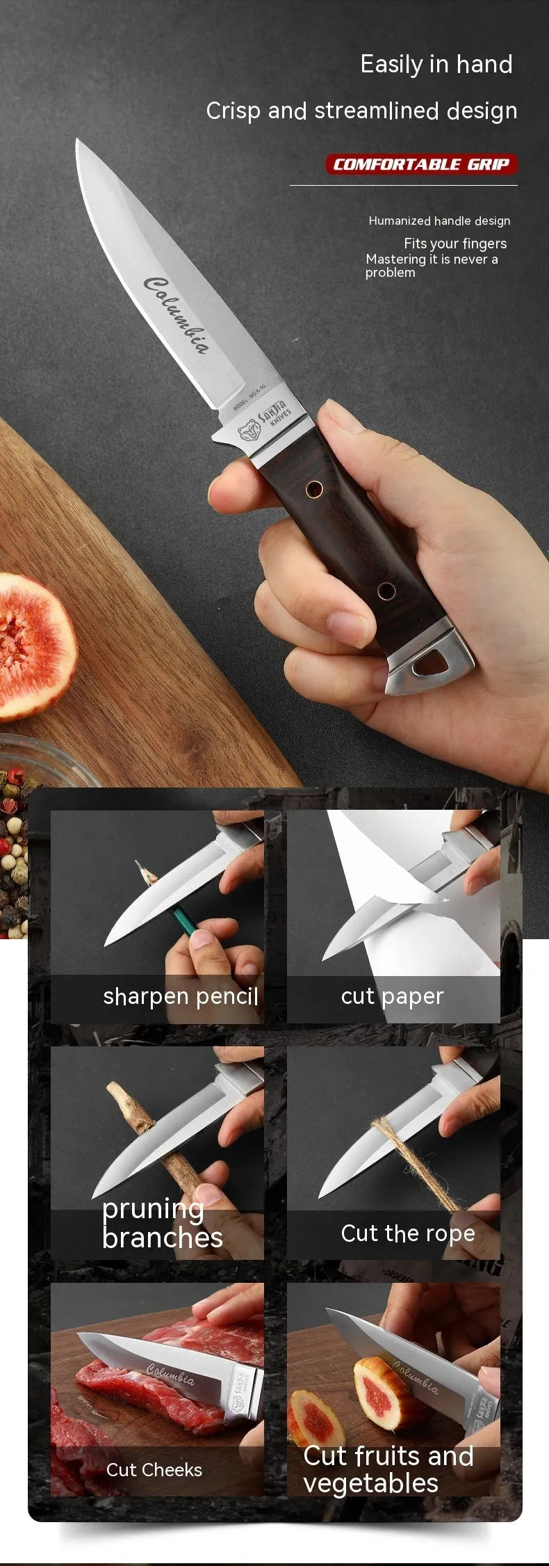 Camping multifunctional portable fruit knife with stainless steel blade and brown leather case.