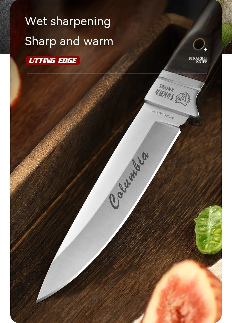 Camping multifunctional portable fruit knife with stainless steel blade and brown leather case.
