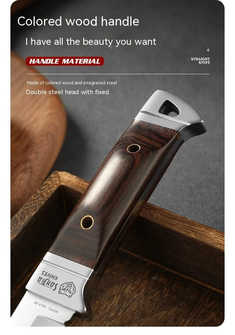 Camping multifunctional portable fruit knife with stainless steel blade and brown leather case.
