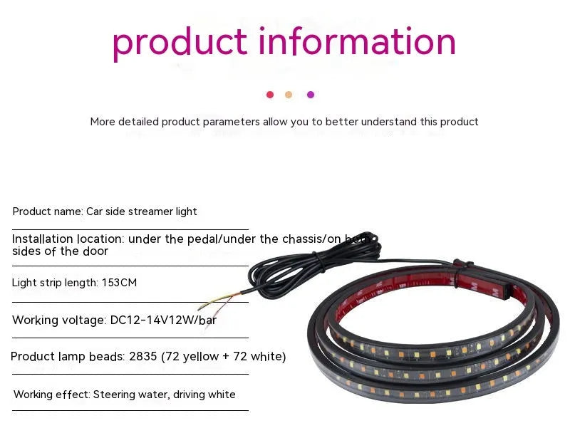 Yellow and white pedal streamer side steering light lamp for vehicles with 150cm or 180cm length.